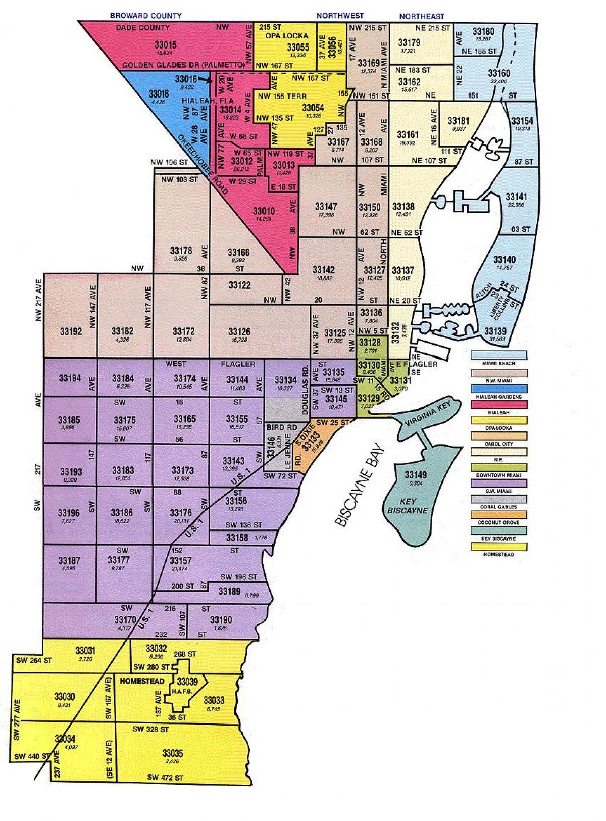 Le code postal de la carte de Miami - Miami FL zip code map (Floride - USA)